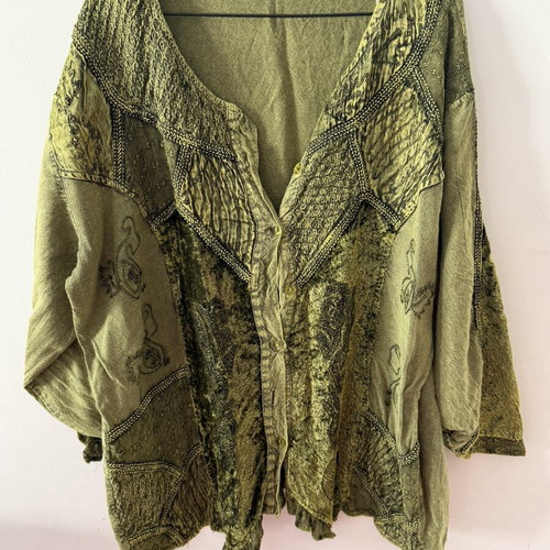 Vintage green patchwork embroidered boho blouse jacket, like new, size 2 XL