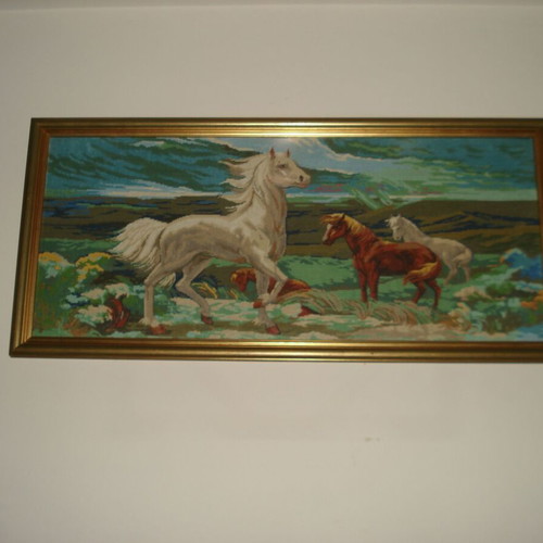 Handmade embroidered painting with wooden frame, horses theme, like new