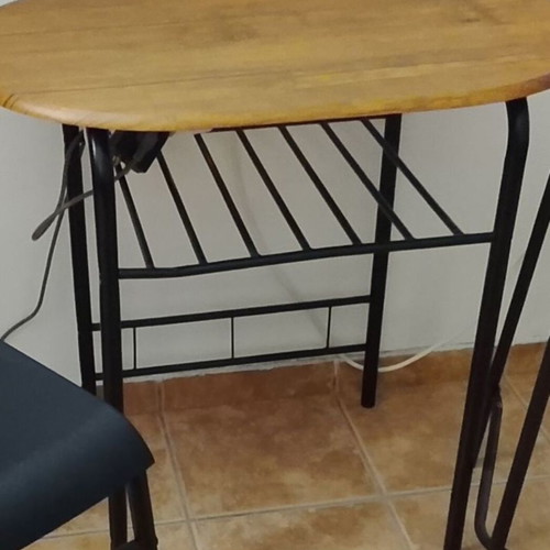 Vicko oval table 50x80 with two tall IKEA stools