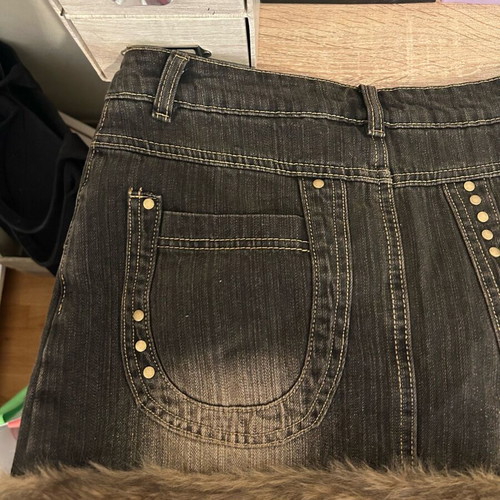 Denim mini skirt with fur like new, XS-S, blue and brown