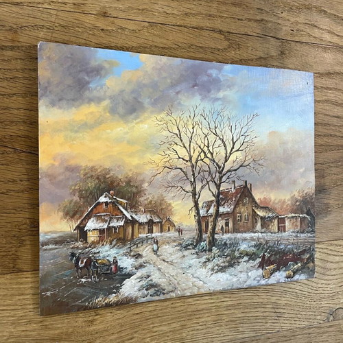 Oil painting on wood winter landscape by Abatucci