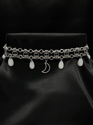 Choker necklace stainless steel with glass beads, new, silver color