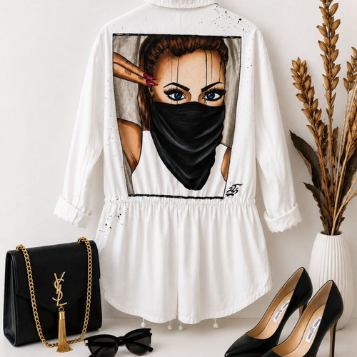 Hand-painted white trench coat with artistic woman illustration
