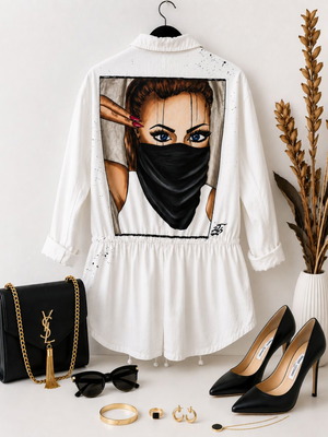 Hand-painted white trench coat with artistic woman illustration