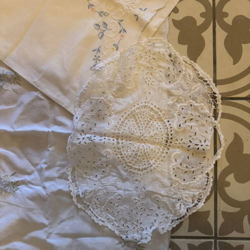Embroidery set like new with pillowcase, square, and cutwork doily