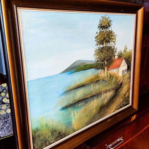 Oil painting on canvas signed by S. Loukisa, used, 70×60 cm with frame