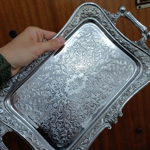 Silver Finish decorative serving tray with embossed floral design