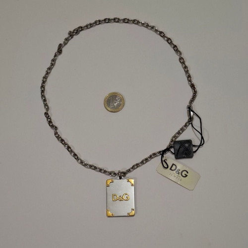 Vintage Dolce & Gabbana D&G silver and gold toned dog tag pendant necklace used
