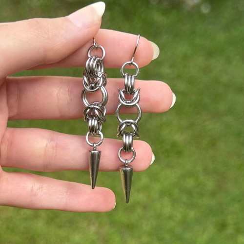 Chainmail steel dangling earrings handmade, new, silver color