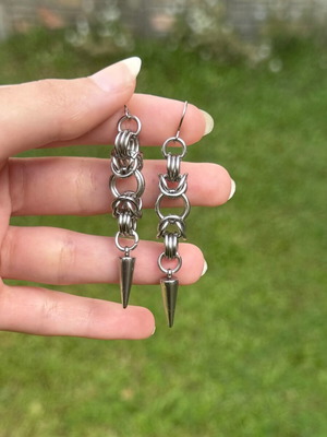 Chainmail steel dangling earrings handmade, new, silver color
