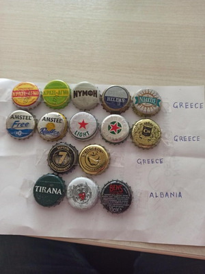 Bottle caps from Greece and Albania used with 2 vintage soda labels