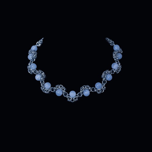 Chainmail necklace with aquamarine beads new, stainless steel