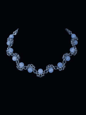 Chainmail necklace with aquamarine beads new, stainless steel