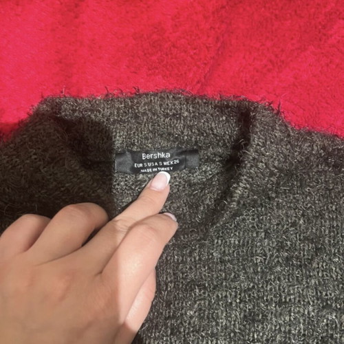 Bershka Fluffy Cropped Knit Sweater Like New, Dark Olive