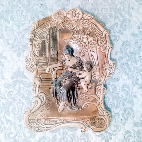 Wall panel antique scene new, plaster and lacquer, 33x24 cm