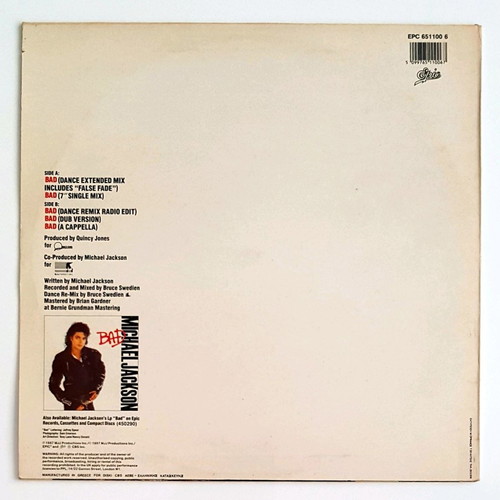 Michael Jackson Bad 12" vinyl like new, special mixes maxi single