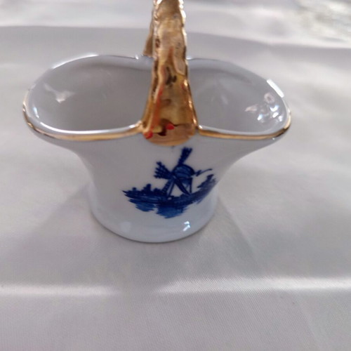 Porcelain decorative basket vintage with blue windmill and gold handle like new