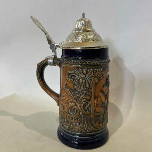 Gerz German beer stein used with embossed designs and pewter lid