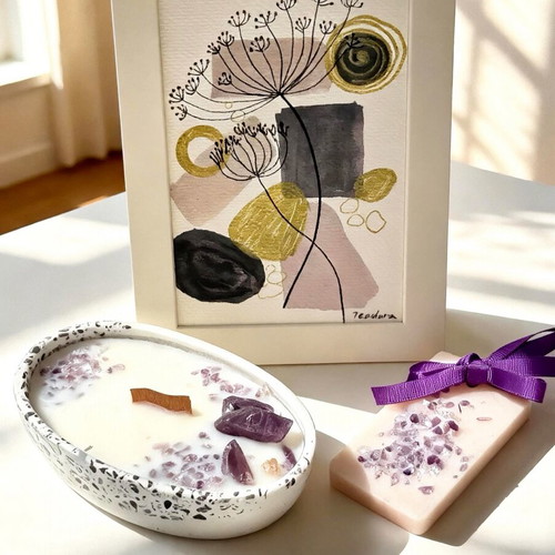 Original Art Set with Terrazzo Amethyst Candle and Botanical Wax Sachet