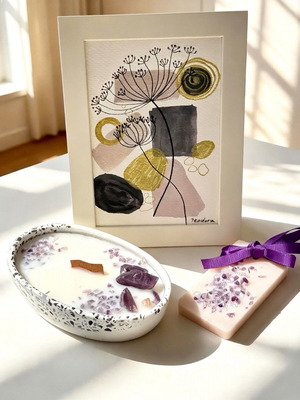 Original Art Set with Terrazzo Amethyst Candle and Botanical Wax Sachet