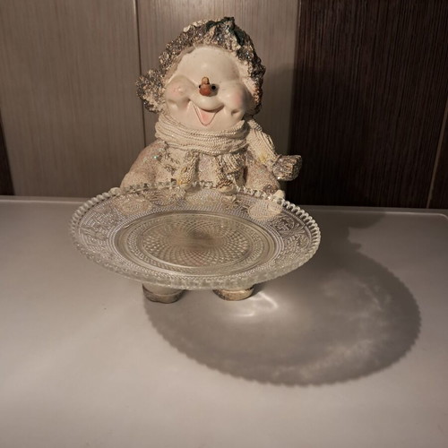 Christmas decoration set with snowman figure and glass serving plate new