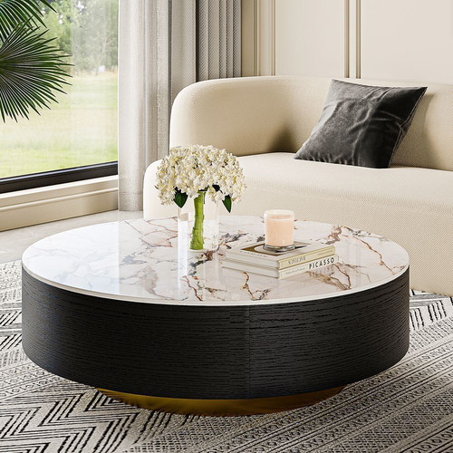 Modern coffee table with oak veneer and sintered stone top, new