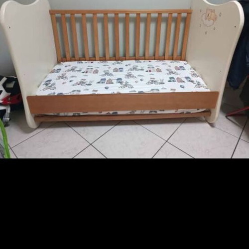 Cot bed with mattress and cherry wood drawers like new