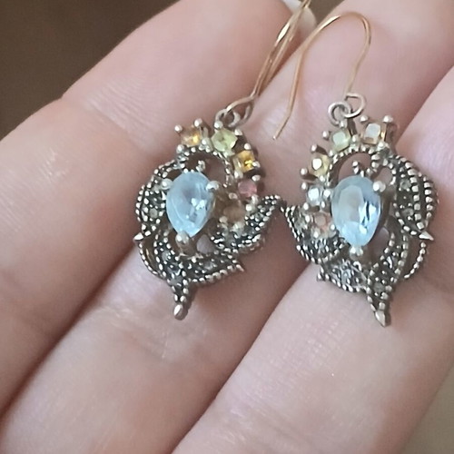 Earrings with semiprecious stones and vintage diamonds in 925 silver and 9k gold