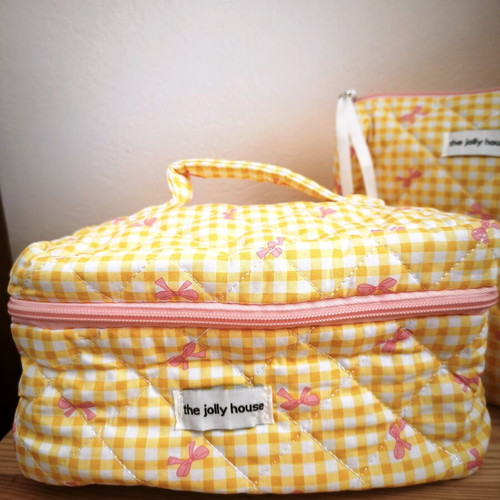Set of 3 Quilted Makeup Bags Yellow Plaid with Pink Bows