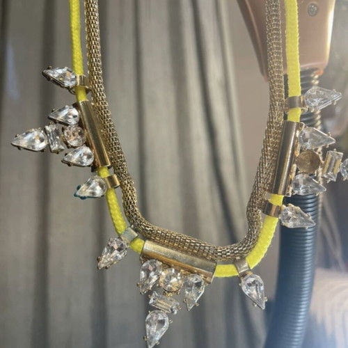 Neon necklace used with yellow strap and gold metal stones
