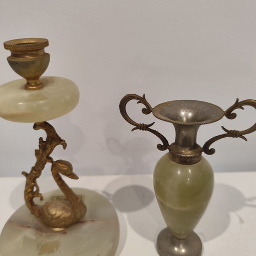 Vintage amphora with onyx and brass relief decoration