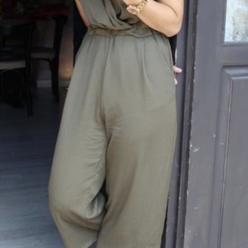 Khaki Wrap Jumpsuit One Size Like New with Pockets and Elastic Waist