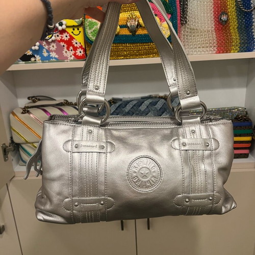 Kipling leather vintage handbag like new, gray silver