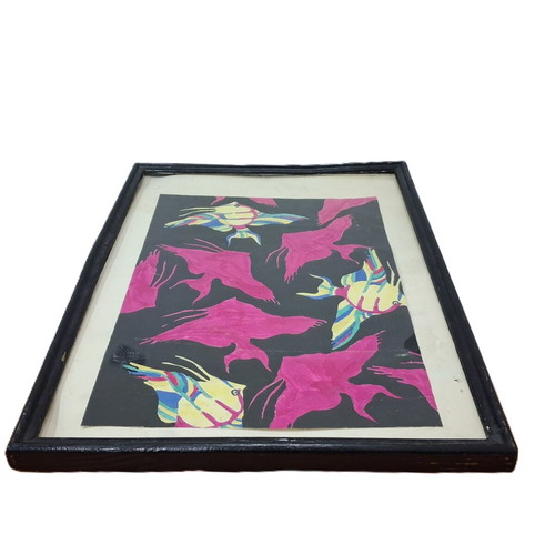 Original watercolor painting used, decorative fish, 42×32 cm framed