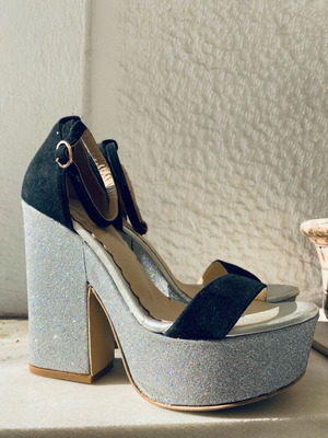 Leather high women's sandals with glitter new, size 37, black and silver