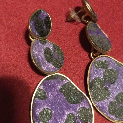 Leopard Purple Drop Earrings like new, embossed fabric design