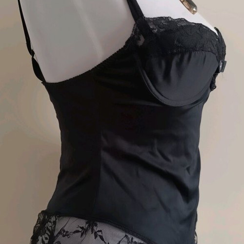 Black satin bodysuit with lace and bow, like new