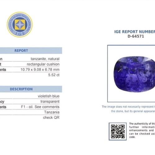 Natural Tanzanite 5.52 ct Cushion Cut new with certification