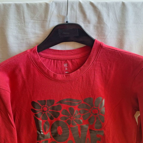Gap Kids long sleeve red top with shiny LOVE floral print, size 12-13