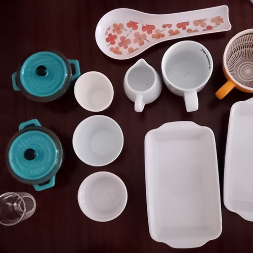Porcelain kitchenware set with ovenproof cookware, cups and shot glasses