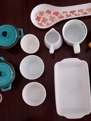 Porcelain kitchenware set with ovenproof cookware, cups and shot glasses