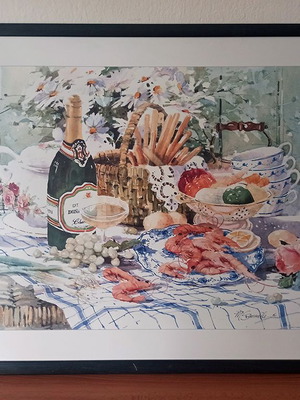 Painting copy new, Champagne with frame and glass 85x65 cm