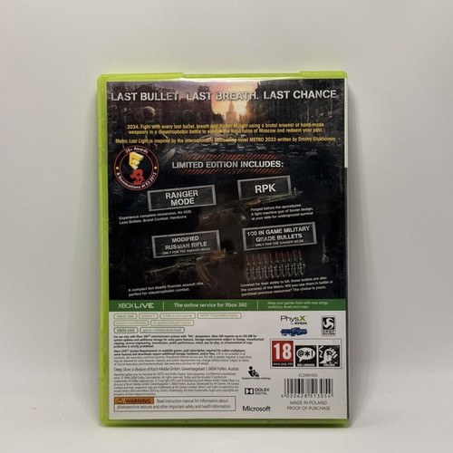 Metro Last Light Xbox 360 game used