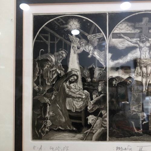 David Bekker woodcut used depicting the birth, crucifixion, and resurrection of Christ