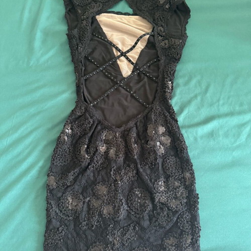 Junona Party Cocktail Mini Little Black Dress Size M open back lace like new