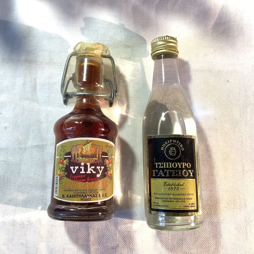 Greek liquor miniatures used, set of 7 bottles