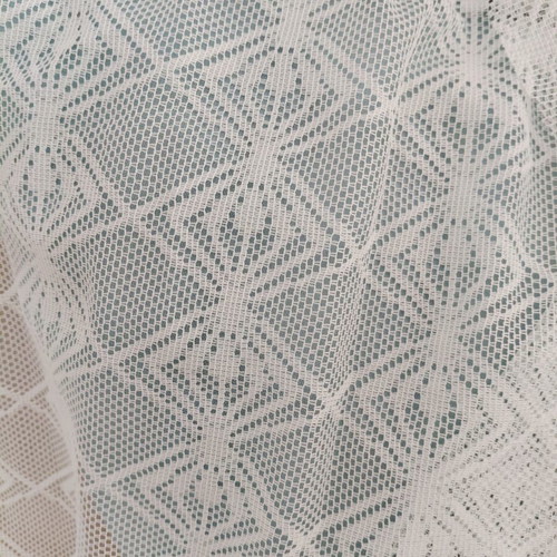 Two sewn white lace curtains, 2.5m height, 1.5m width each