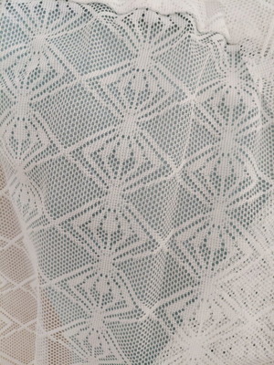 Two sewn white lace curtains, 2.5m height, 1.5m width each