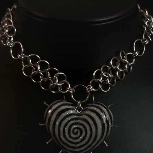 Spiral heart necklace handmade from stainless steel, clay and resin new