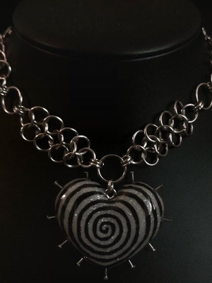 Spiral heart necklace handmade from stainless steel, clay and resin new